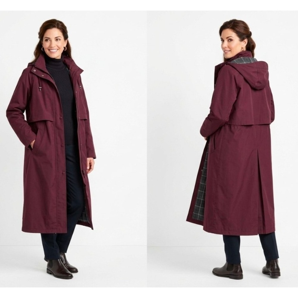 Vintage LL Bean Burgundy H2OFF Raincoat Trench Size XL Long Hooded Plaid Lined